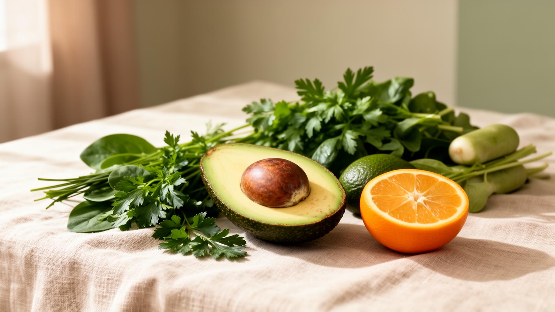 Alimentos frescos e naturais sobre mesa de linho — nutrição premium